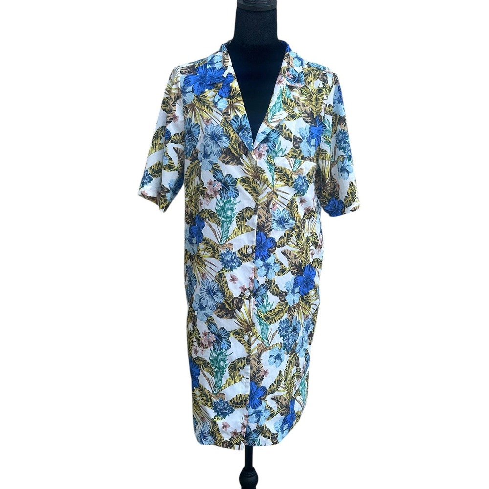 Topshop‎ Tropical Floral Button Front Shirt Dress Blue Yellow White US 6 UK 10